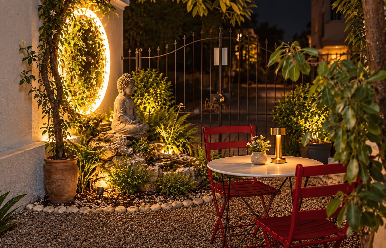 A serene outdoor seating area with a Buddha statue, a round table, and red chairs.