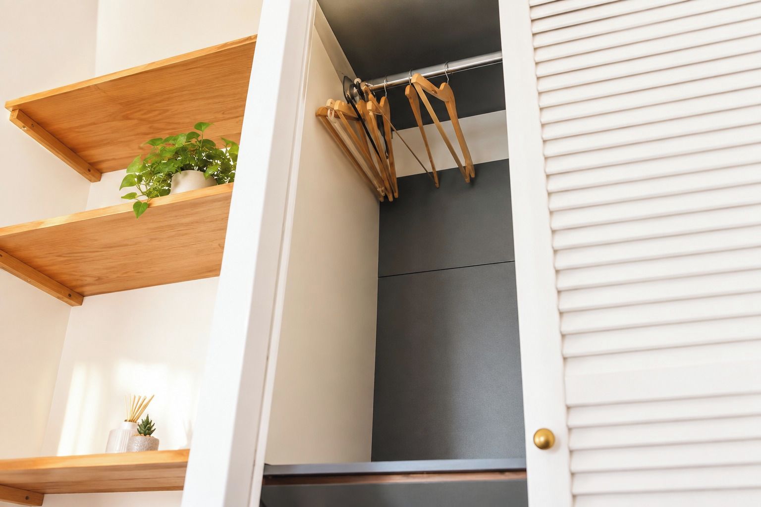 A room with a wooden shelf holding a potted plant, a hanging rack with clothes, and a door with a golden handle.