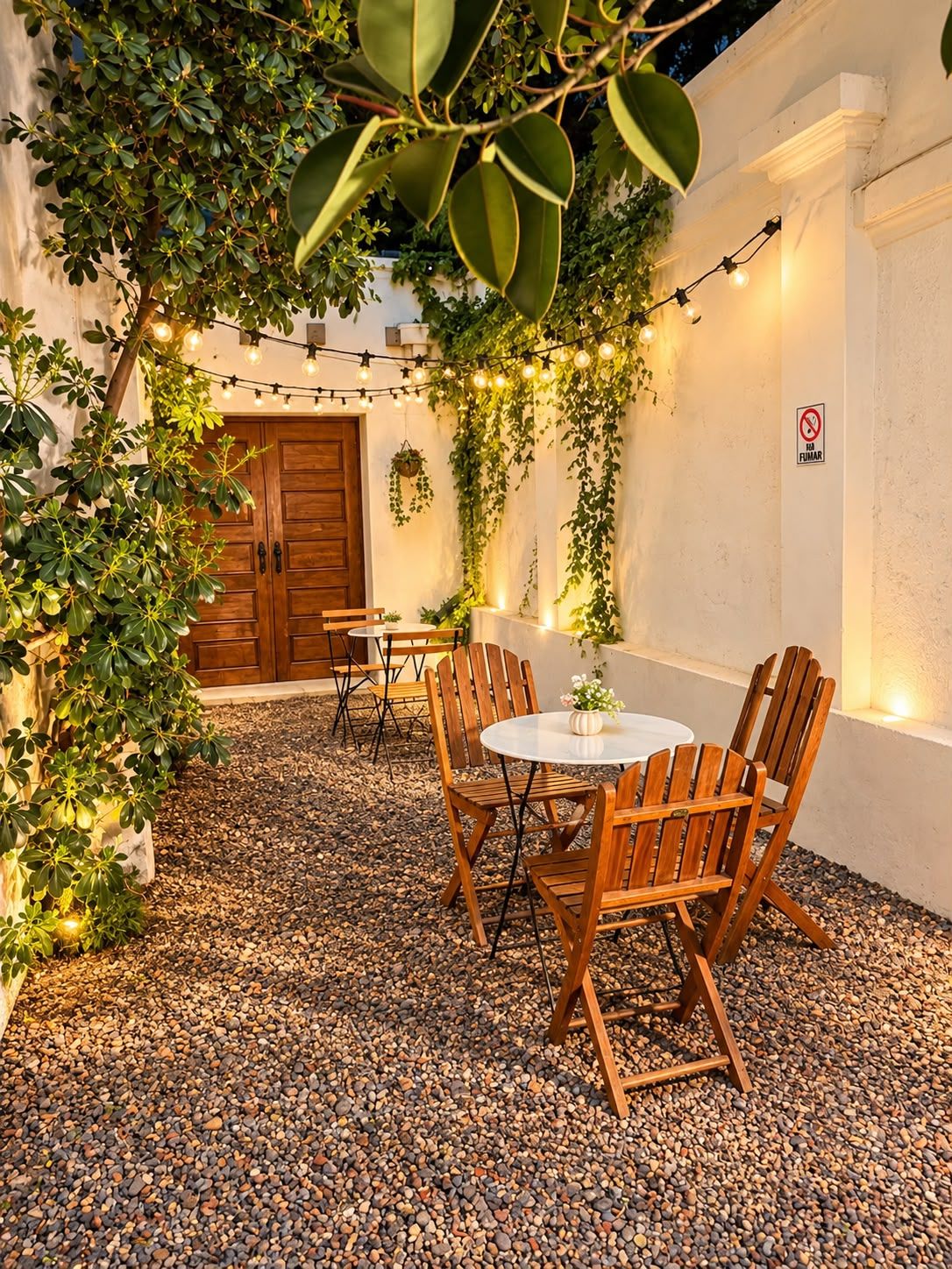 Un patio al aire libre con una mesa y sillas de madera, rodeado de guijarros y follaje.