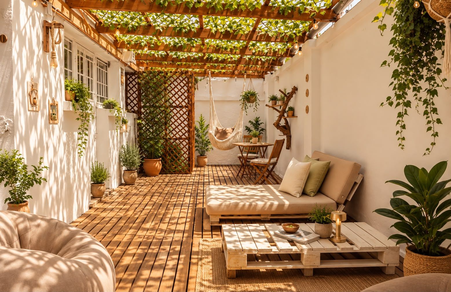 A cozy outdoor patio with a wooden deck, a hanging chair, a cushioned sofa, and potted plants.