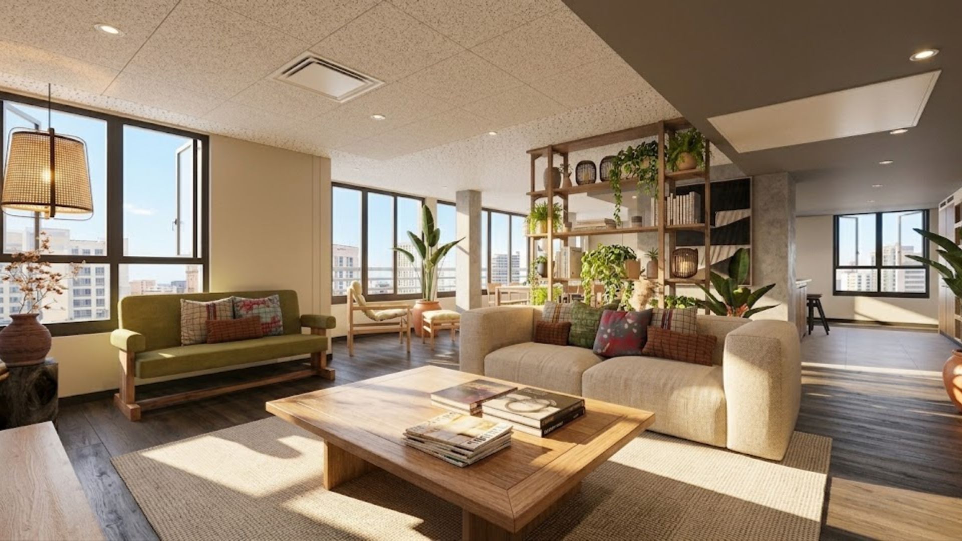 A modern living room with a sofa, coffee table, and a bookshelf filled with plants.