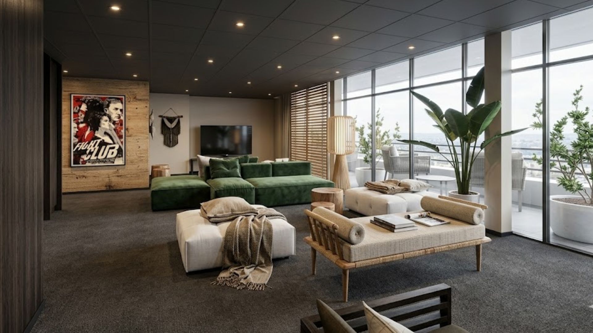 A modern living room with a sectional sofa, a coffee table, and a television. There is a large window providing a view of the outdoors.