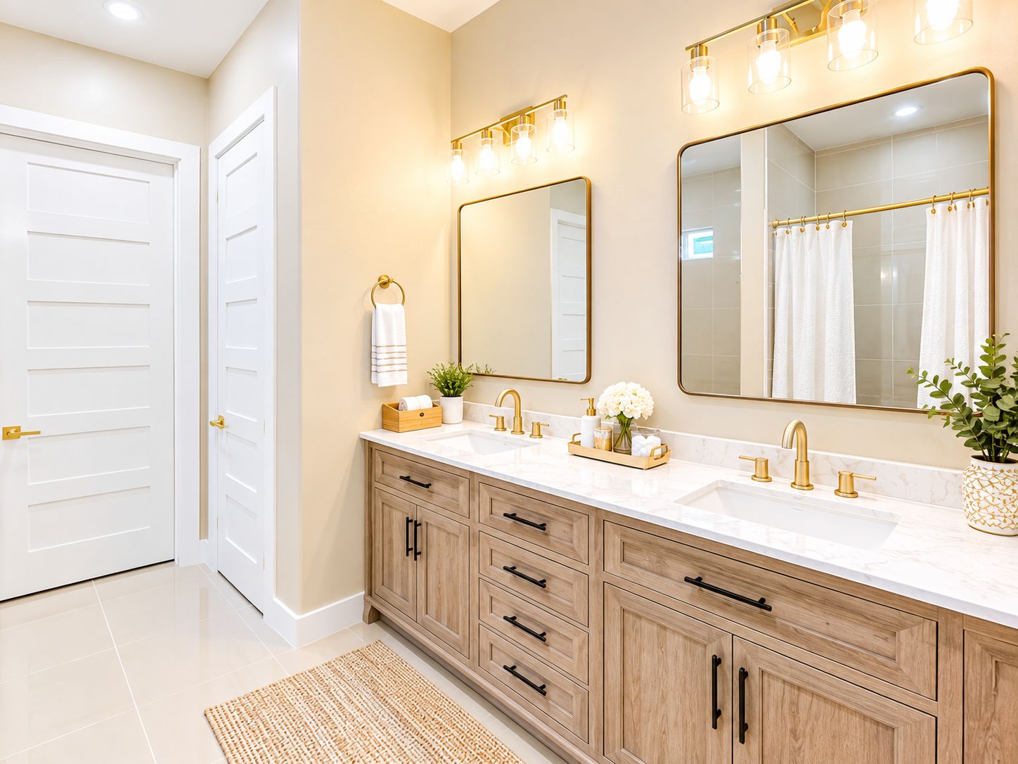 A bathroom with a double vanity, two sinks, a large mirror, and a towel rack.