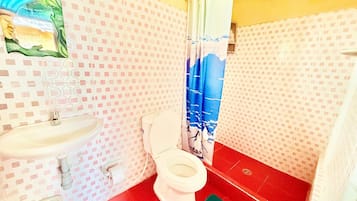 A bathroom with a toilet, sink, and shower curtain.