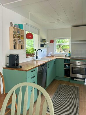 A kitchen with teal cabinetry, a coffee machine, a sink, and an oven. - Summer cottage with orangery and garden, Falster (Væggerløse)