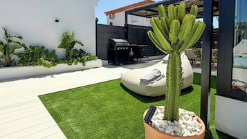 Eine moderne Außenpatio mit künstlichem Gras, einer großen Kübelkaktus und einem Grill.