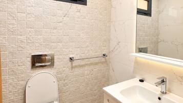 A modern bathroom with a toilet, vanity, and a mirror.