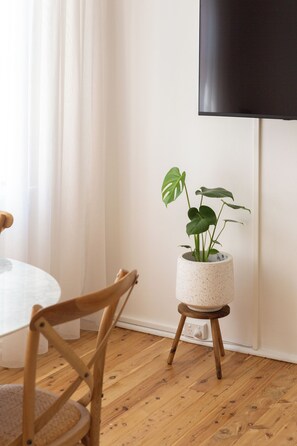Une pièce avec un plancher en bois, une chaise blanche, une plante dans un pot à motifs et un téléviseur à écran plat fixé au mur.