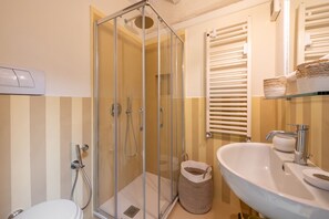 Ein Badezimmer mit einer Duschkabine, einem weißen Waschbecken und einer Toilette.