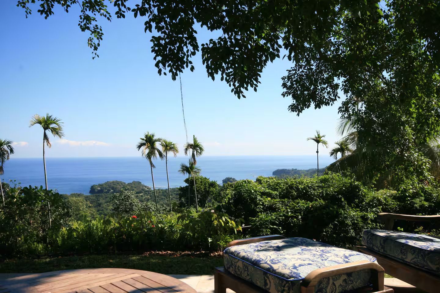 Eine Terrasse mit Blick auf das Meer und Palmen.