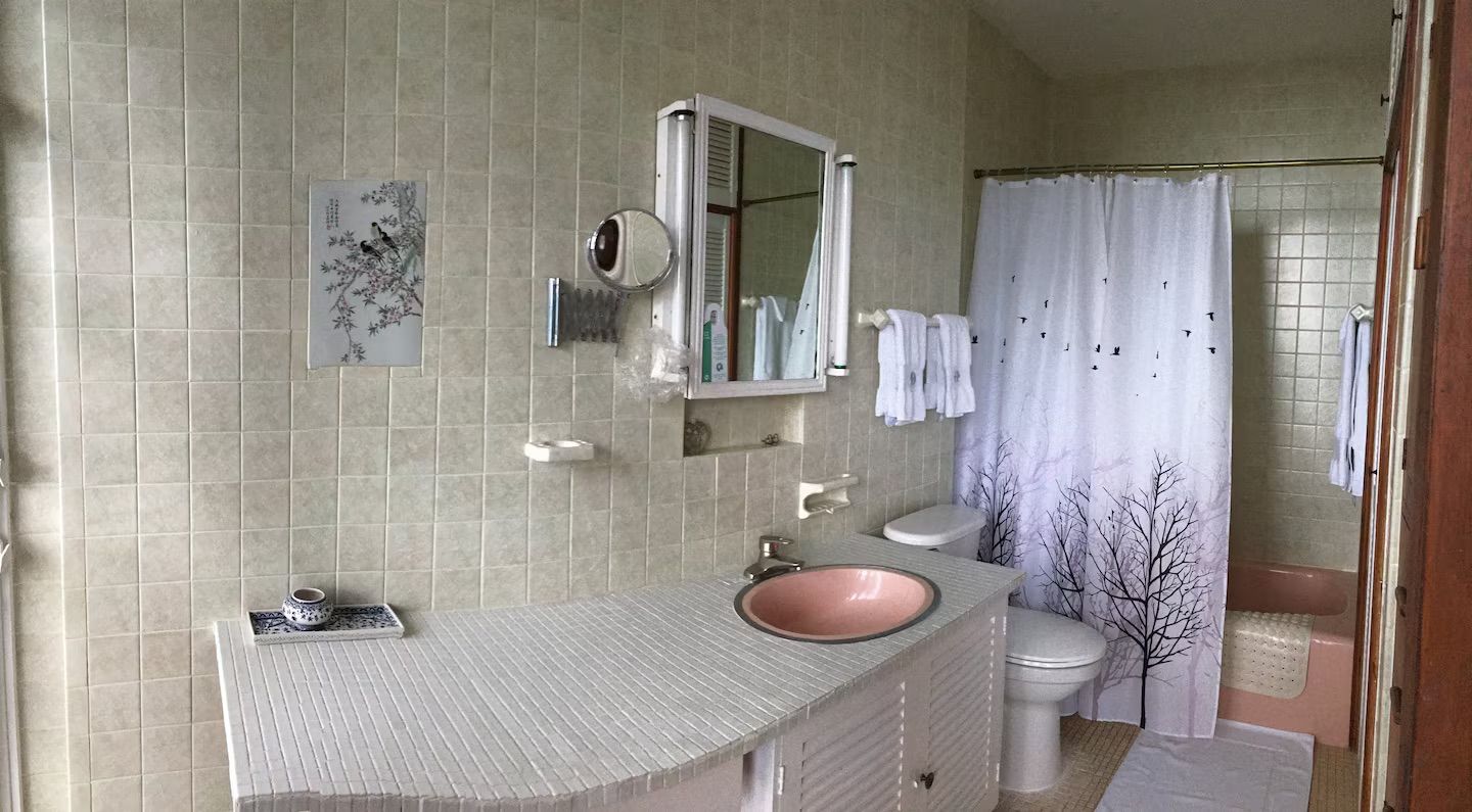 Une salle de bain avec un lavabo, un miroir et des toilettes.