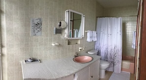 Ein Badezimmer mit Waschbecken, Spiegel und Toilette.