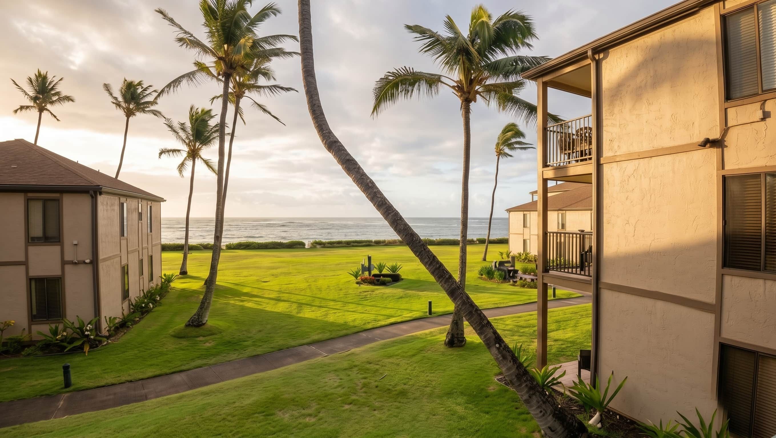 A residential area with a lawn, palm trees, and a view of the ocean.