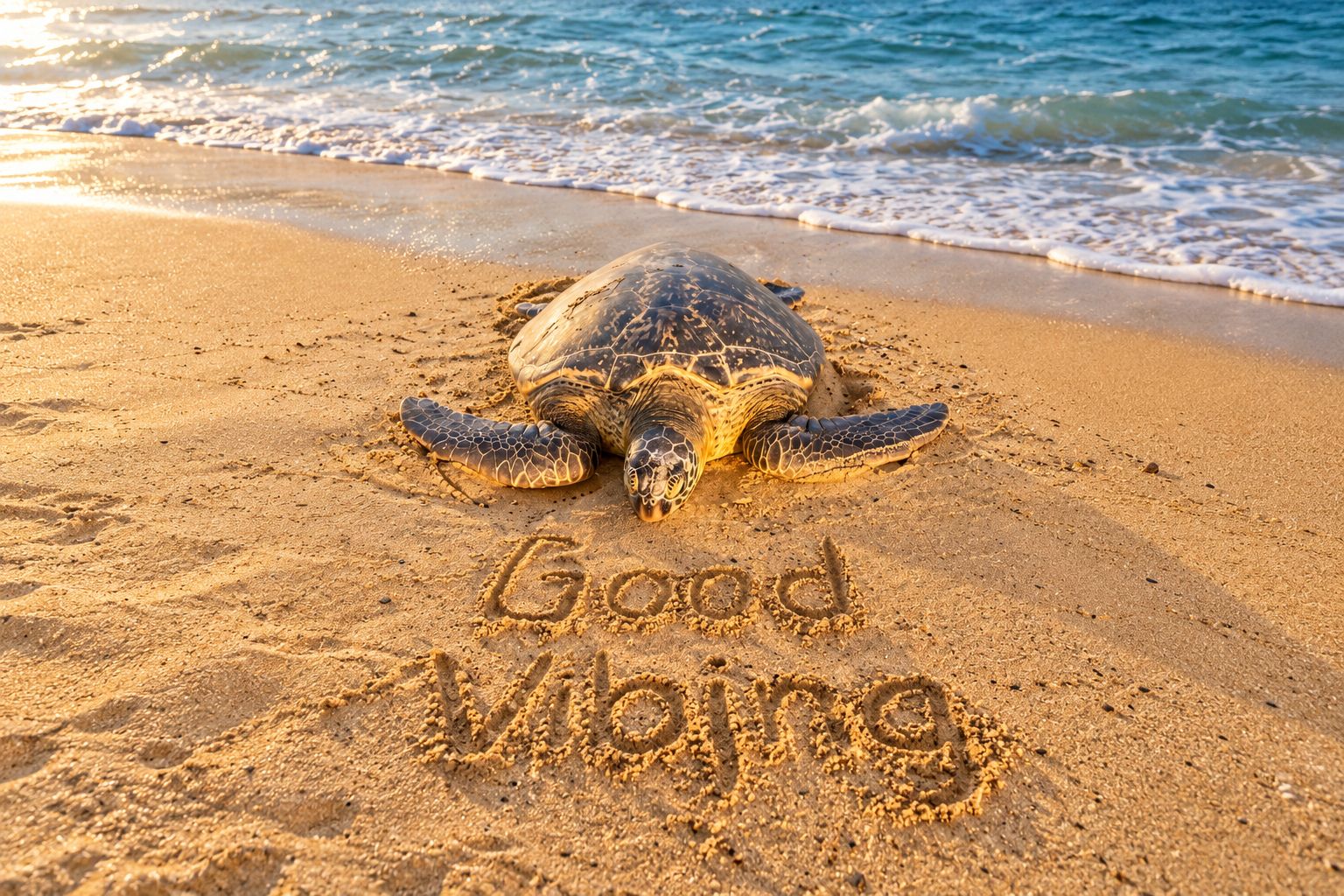A sea turtle on a sandy beach with the words 'Good Vibrations' written in the sand.