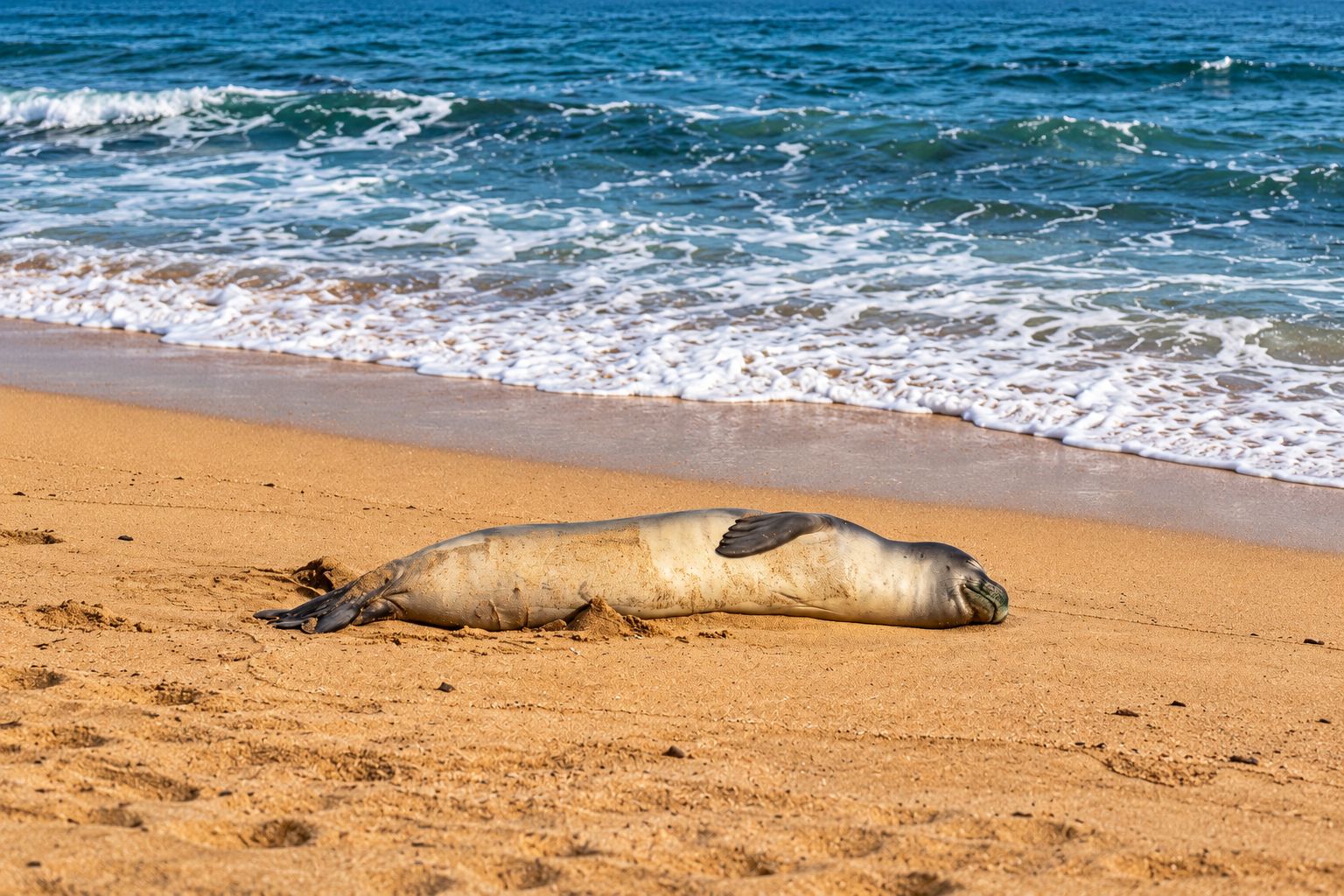 A beach with a seal lying on the sand near the water's edge.