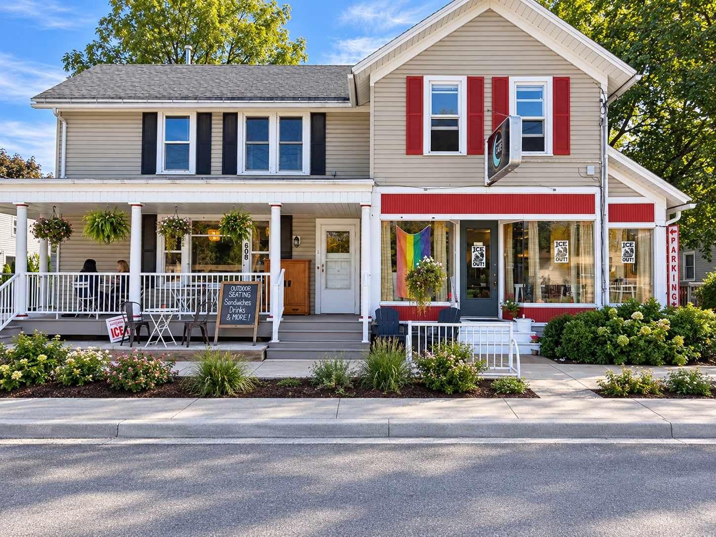 A two-story building with a porch, outdoor seating, and a sign advertising ice cream.