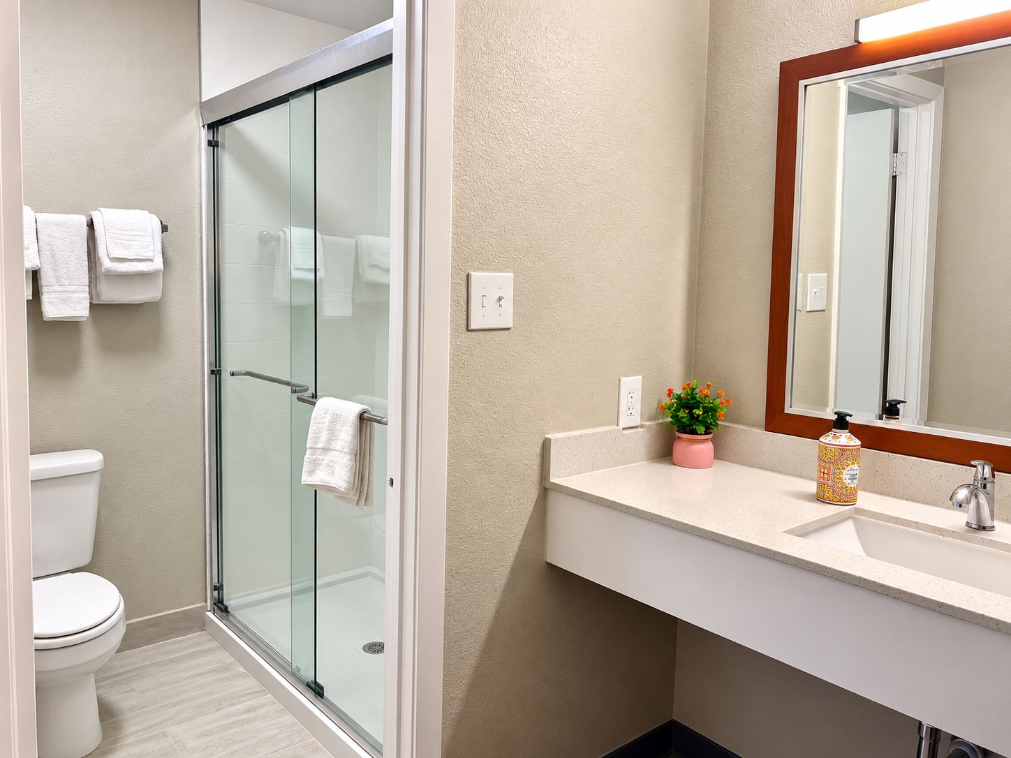 A bathroom with a glass-enclosed shower, a white toilet, a sink with a mirror, and a small potted plant.
