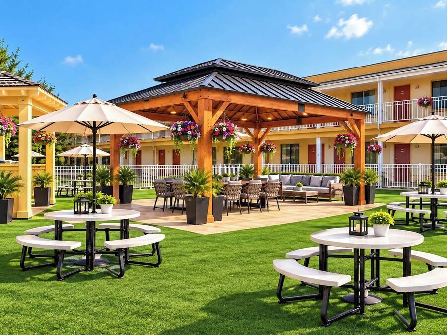 A courtyard with outdoor seating, a covered area, and a building with balconies.