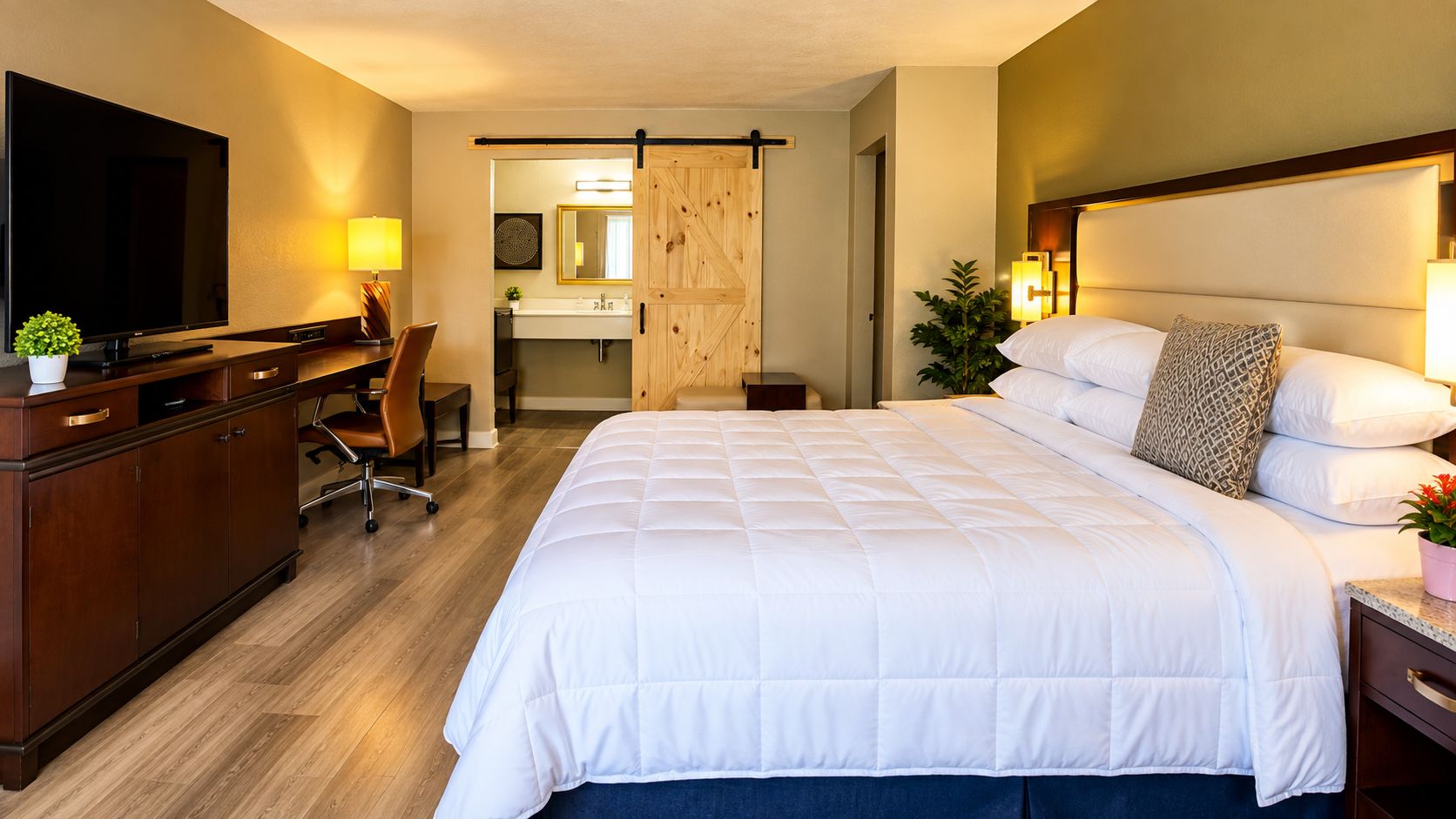 Habitación de hotel con una cama grande, un escritorio con silla, televisión y un baño visible a través de una puerta abierta.