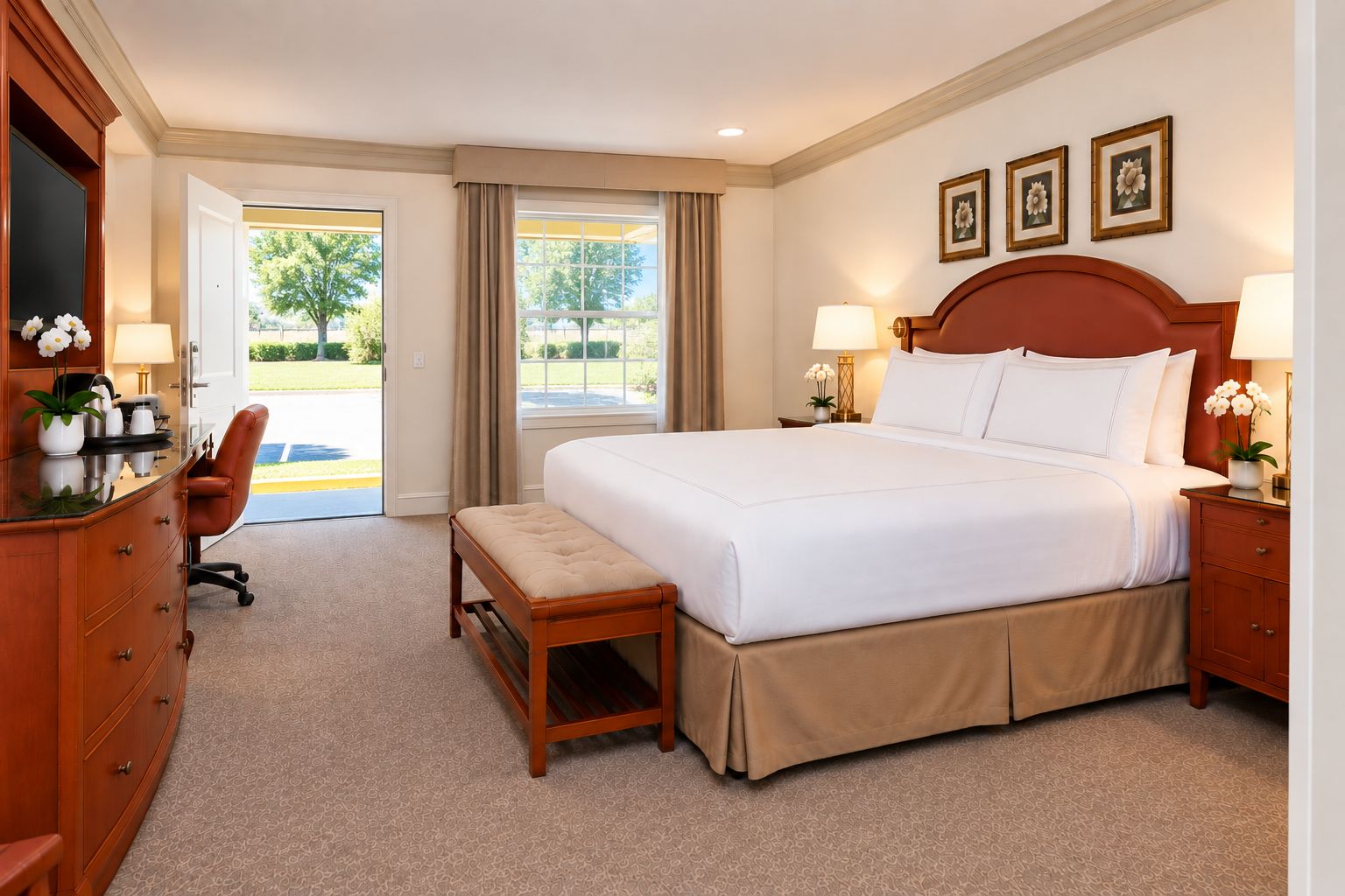 A hotel room with a large bed, a desk with a chair, a bench, and a view of the outdoors.
