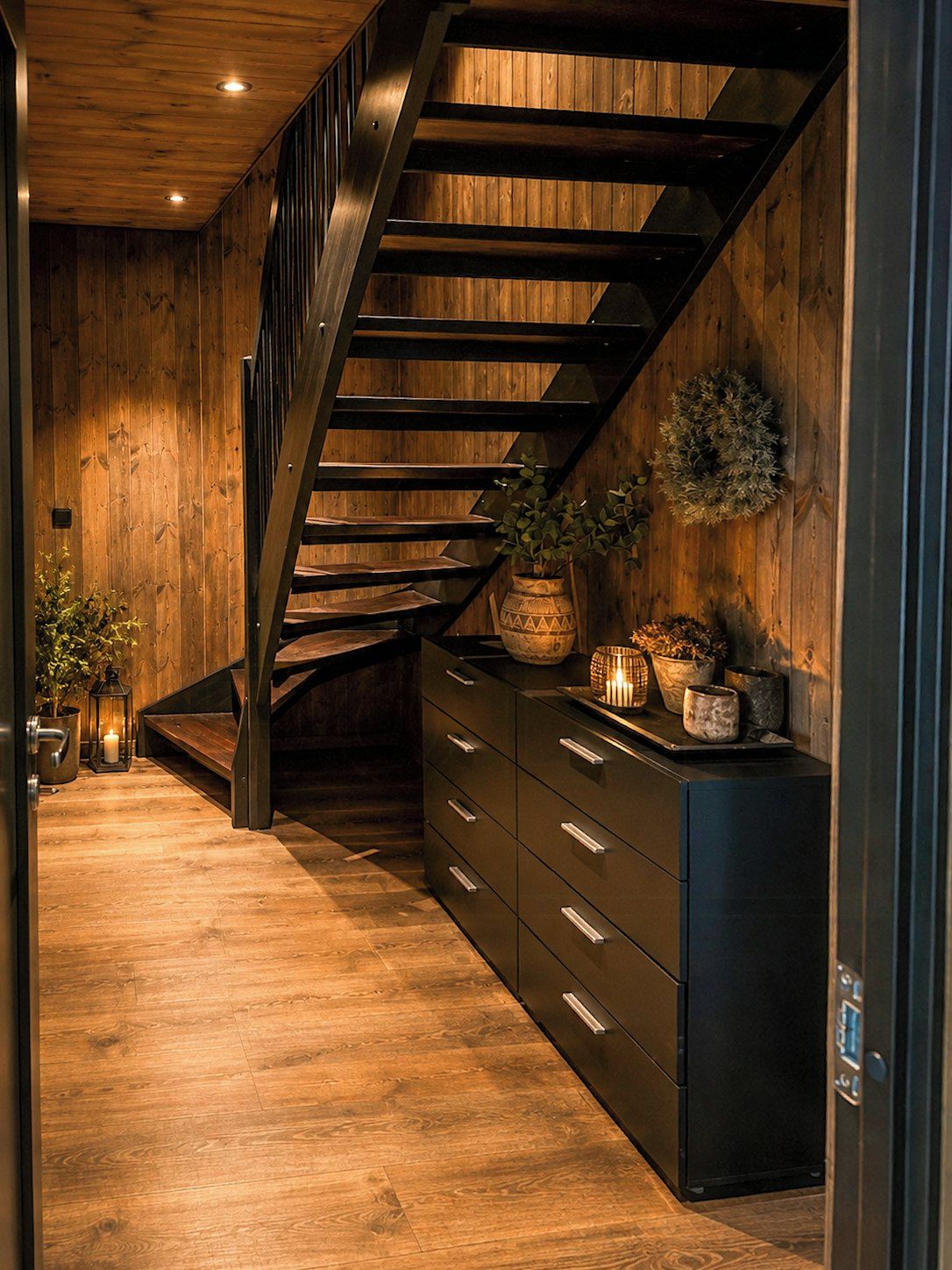 A wooden staircase with a metal railing leading to a dark-colored storage unit with drawers.