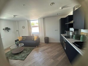 Ein kompakter Wohnbereich mit Sofa, Couchtisch und Küchenzeile.