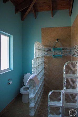 Een badkamer met toilet, een glazen douchecabine en een handdoekrek.