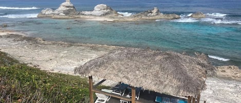 A beachside hut with a thatched roof, a pool, and lounge chairs.