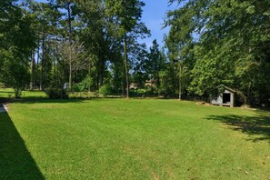 Un'area verde con erba, un piccolo capanno e alberi.