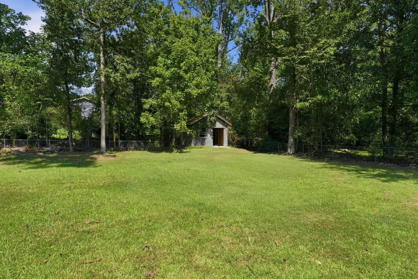 Une zone herbeuse avec un petit bâtiment, entourée d’arbres.