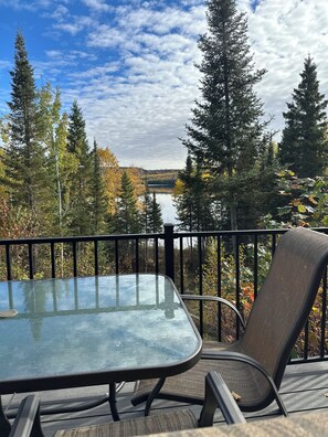 Een tafel met glazen blad en metalen poten, een enkele stoel en een zwarre metalen hekwerk.