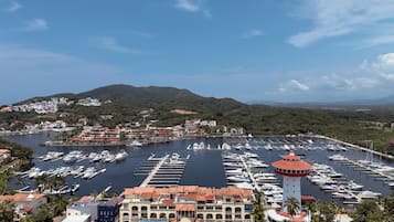 A marina with numerous boats docked, surrounded by residential buildings and a hill in the background.