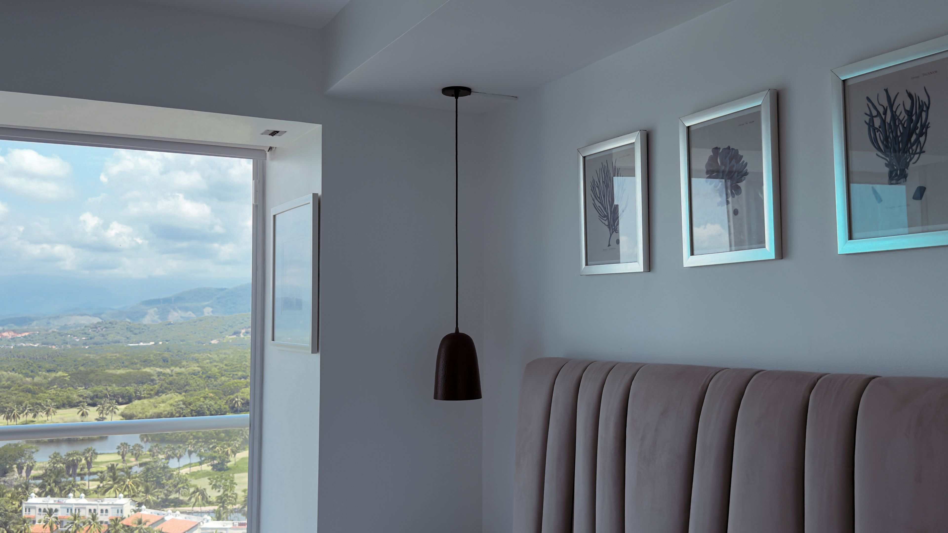 A room with a large window, a hanging pendant light, and three framed botanical prints on the wall.