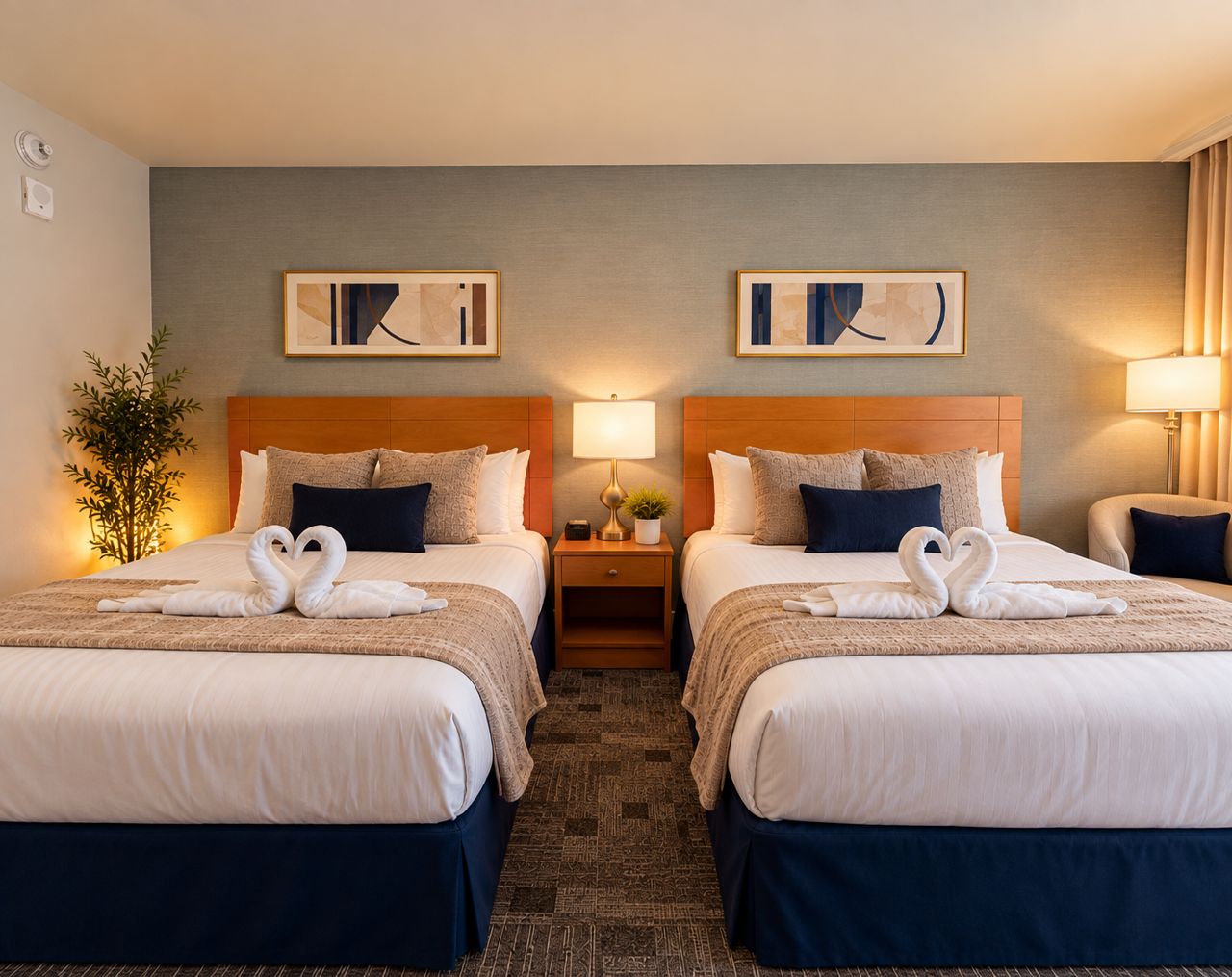 A hotel room with two beds, a nightstand with a lamp, and artwork on the wall.