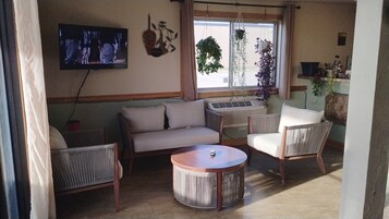 Una sala de estar con sofá, dos sillones, una mesa de centro, televisor y ventana con plantas colgantes.