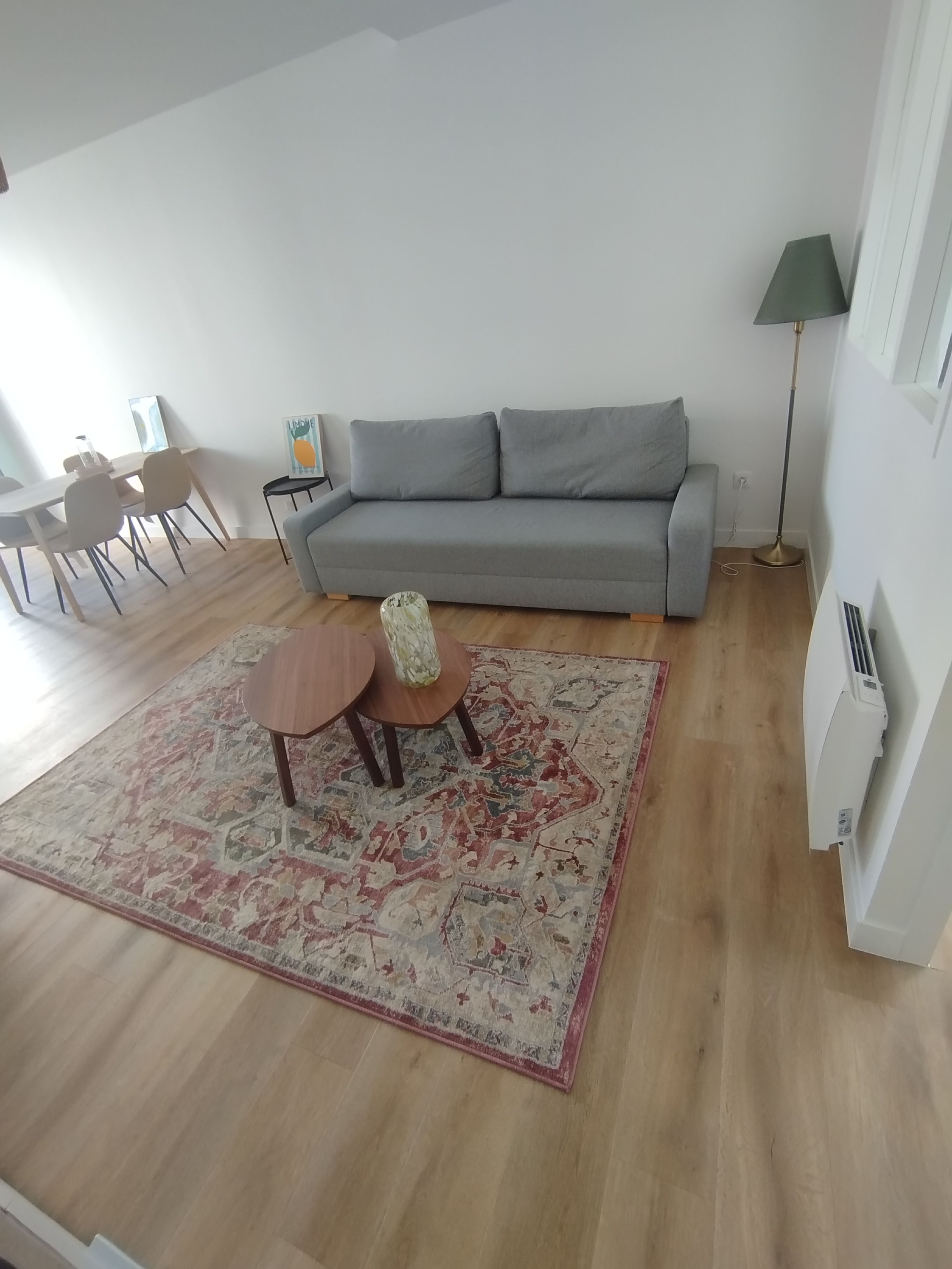 A living room with a grey sofa, a small round table with a vase, and a patterned rug.