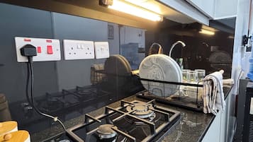 Una cocina con estufa a gas, un fregadero y un escurreplatos.