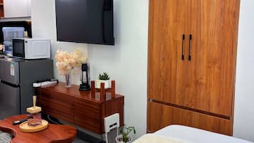 A hotel room with a bed, a wooden wardrobe, a television, a small table with a remote control, a microwave, and a potted plant.