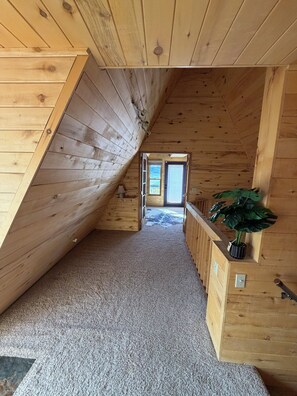 A wooden interior with a sloped ceiling, a carpeted floor, a door leading outside, and a potted plant.