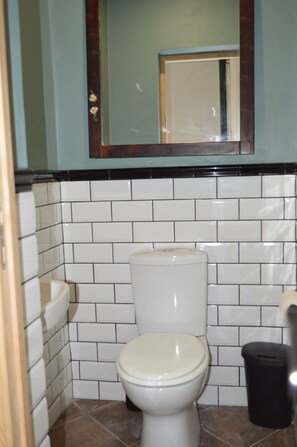 Et badeværelse med toilet, vask og spejl over vasken.