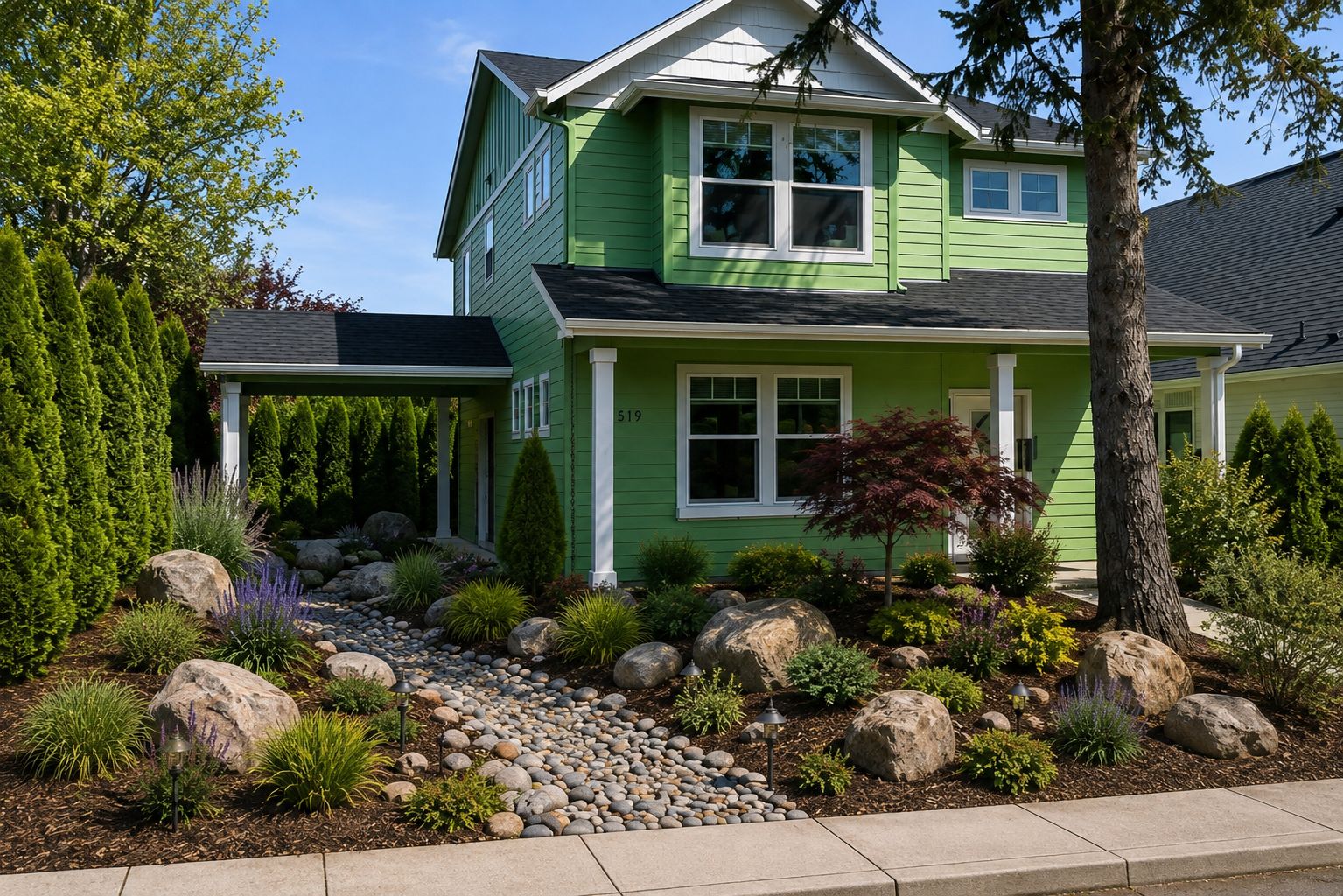 A two-story house with a green exterior, a stone pathway leading to the entrance, and a well-maintained garden with various plants and rocks.