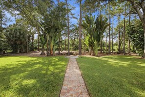 A paved pathway leading through a well-maintained grassy area with tall trees and a clear sky. - Wellington Equestrian Escape | Ranch w/ Pool (Wellington)