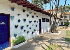 A building with a white exterior, blue doors, and a series of blue planters on the wall.