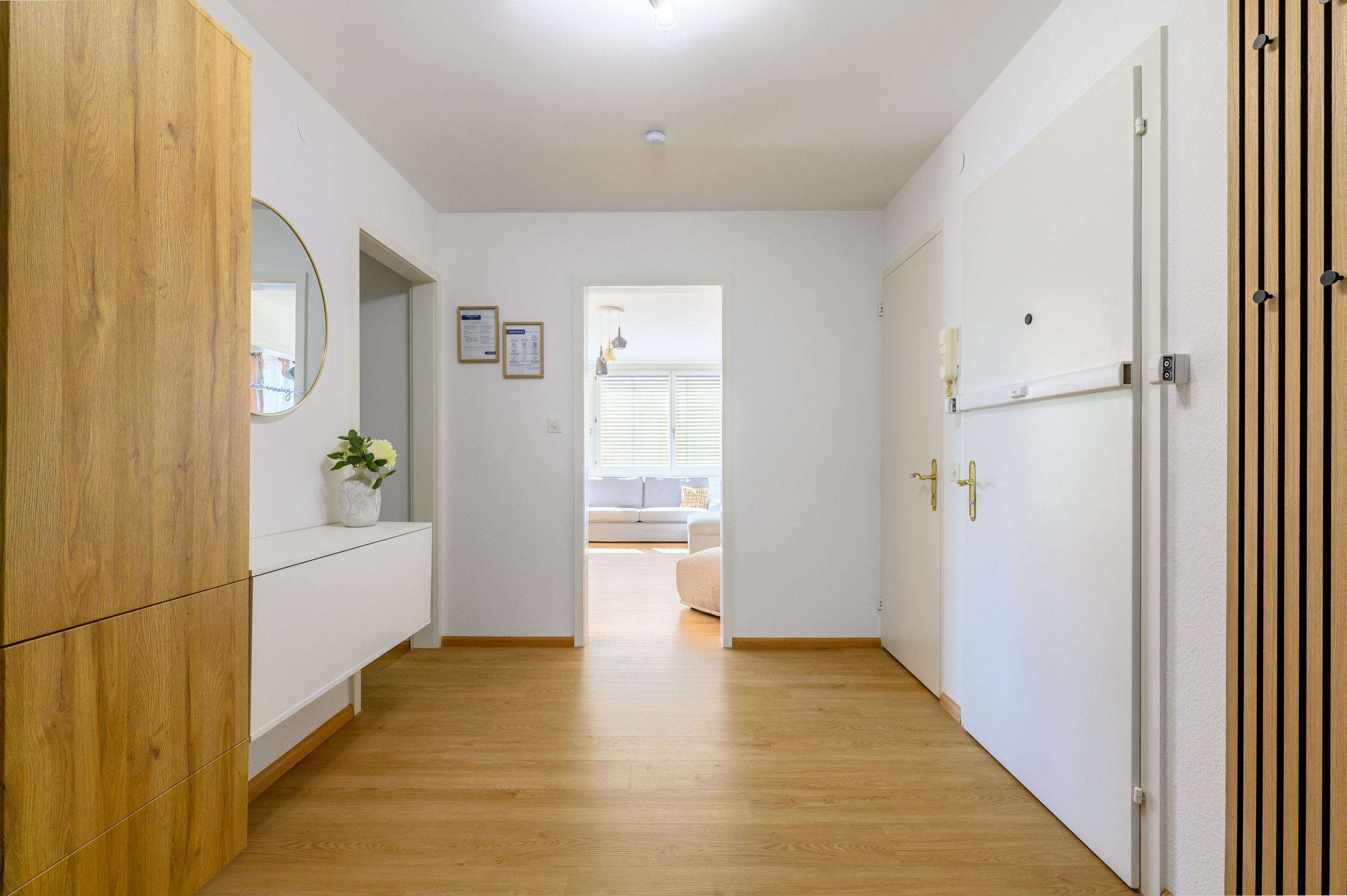 Un couloir doté d’un plancher en bois, d’un mur blanc, d’un miroir, d’une petite plante et d’une porte avec un panneau en bois.