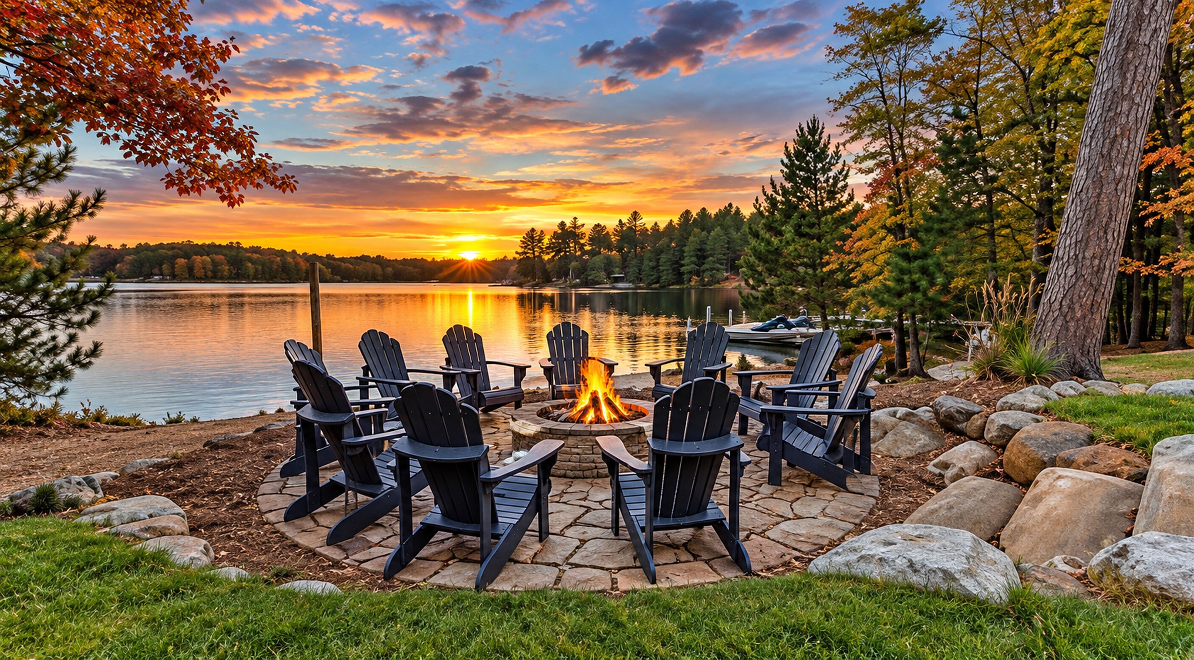 A lakeside setting with a fire pit and chairs arranged for outdoor seating.