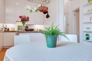 Un coin repas avec une table, des chaises, une plante en pot et une cuisine en arrière-plan.