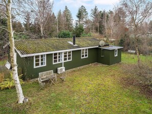 A green house with a sloped roof, a satellite dish, and a small outdoor seating area. - 4 Star Holiday Home in Idestrup (Idestrup)