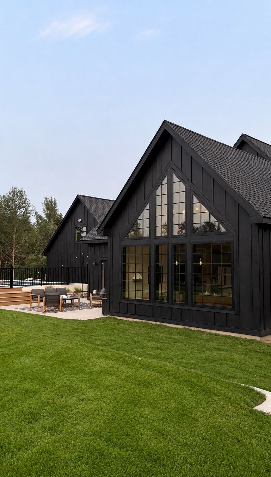 A modern black building with large windows and a sloped roof.