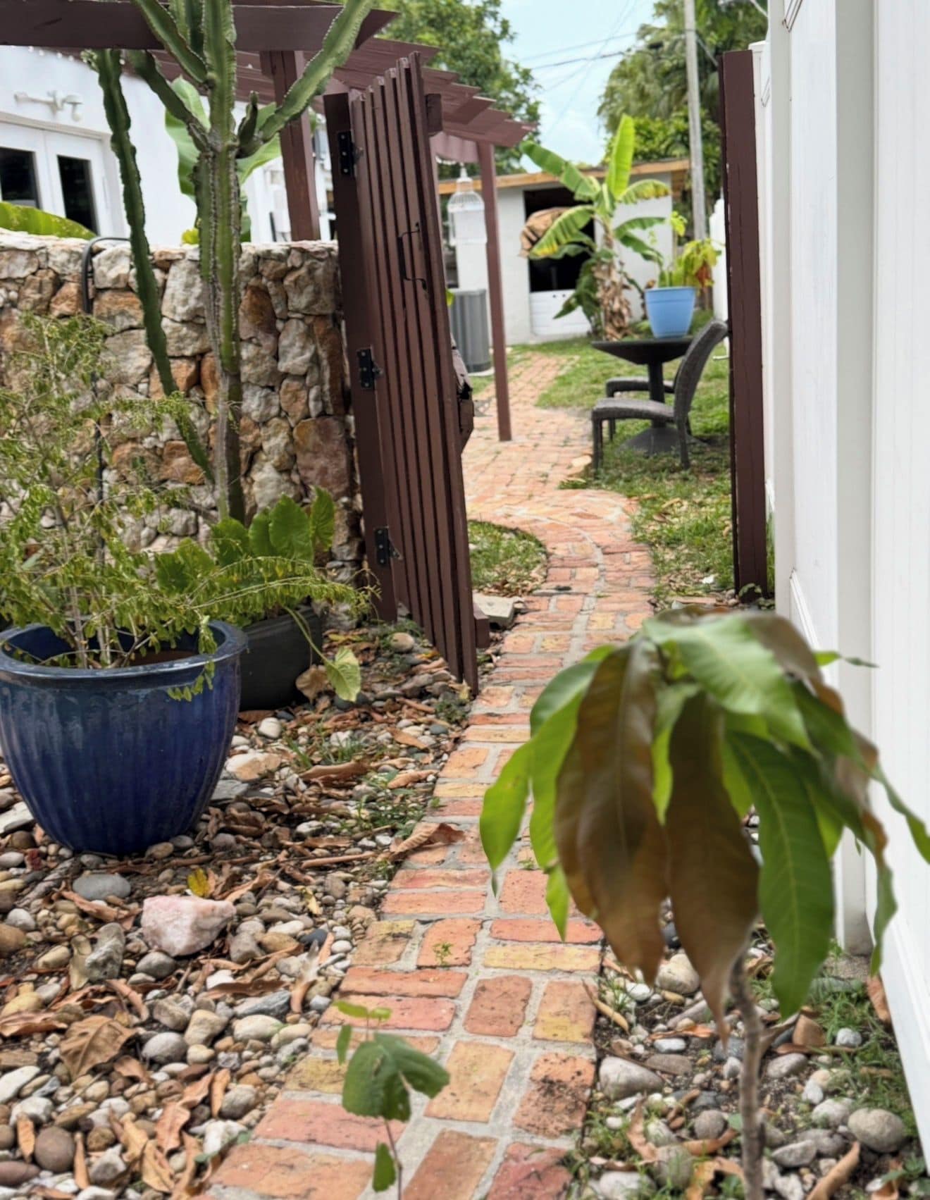 A garden pathway with a brick floor, surrounded by potted plants and a stone wall.