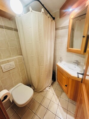 A bathroom with a toilet, sink, and shower curtain. - Spacious 3-bed, 3-bath flat in the centre of Verbier. Pet-friendly! (Val de Bagnes)